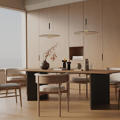 Modern Dining Table Set With Light Wooden Chairs Beige Cushions And Tabletop Decor 3d model