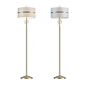 Set Of Two Modern Floor Lamps With Gold Metal Pole And White Striped Lampshade