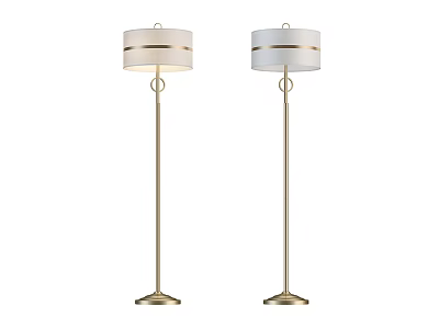 Set Of Two Modern Floor Lamps With Gold Metal Pole And White Striped Lampshade 3d model