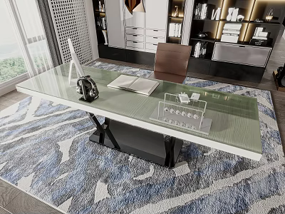 Glass Top Office Desk Featuring Headphones Notebook Clear File Holder On Blue White Rug 3d model