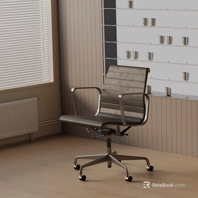Office Chair With Metal Frame Adjustable Comfortable Seat In Wooden Wall Space With Window Blinds 3d model 
