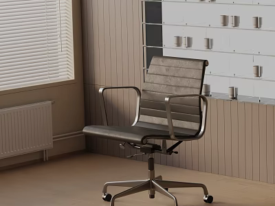 Office Chair With Metal Frame Adjustable Comfortable Seat In Wooden Wall Space With Window Blinds 3d model