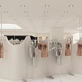 Modern Fashion Retail Counter In Shopping Mall With Mannequins Hanging Clothes And Bright