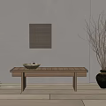 Wooden Bench in Modern Interior with Decorative Painting and Vase of Twigs