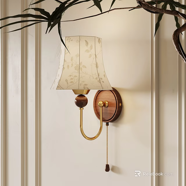 Home Decor Wall Lamp With Floral Pattern Lampshade Wooden Base Golden Bracket Design 3d model 