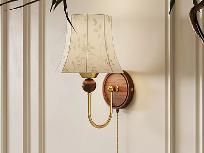 Home Decor Wall Lamp With Floral Pattern Lampshade Wooden Base Golden Bracket Design 3d model
