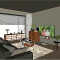 Modern Living Room Interior With Sofa TV Large Windows Wooden Cabinet And Carpet