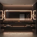Modern Dark Toned Bathroom With Glass Shower Double Sinks And Backlit Mirrors
