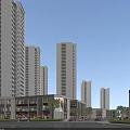 Modern Commercial Street With High Rise Buildings Shops Green Trees And Urban Architecture