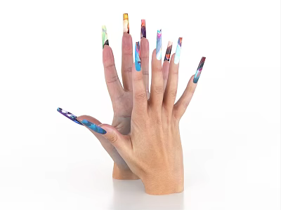 Close Up Human Hand With Colorful Painted Nails And Artistic Designs 3d model
