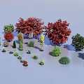 Diverse Outdoor Plant Combination with Red Leaf Trees Green Shrubs and Small Flowering Plants