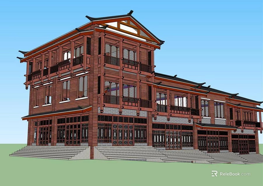 Traditional Chinese Commercial Complex With Red Brick Facade Black Tiled Roof And Balconies 3d model 