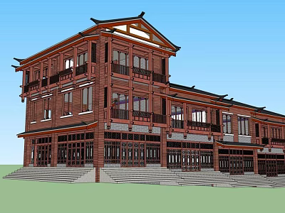 Traditional Chinese Commercial Complex With Red Brick Facade Black Tiled Roof And Balconies 3d model