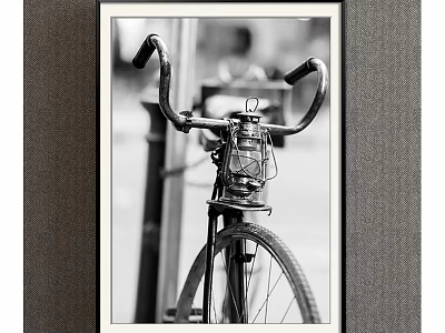 Vintage Bicycle Handlebar With Classic Lantern In Black And White Art Print 3d model