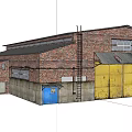 Industrial Factory Building With Red Brick Structure Yellow Doors Blue Entrance And Gray Metal Roof
