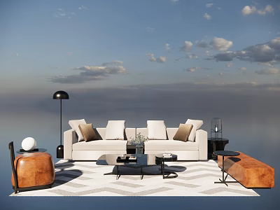 Modern White Sofa And Coffee Table Set With Plush Pillows Orange Ottoman And Geometric Rug 3d model