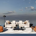 Modern White Sofa And Coffee Table Set With Plush Pillows Orange Ottoman And Geometric Rug
