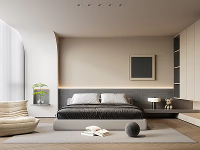 Modern Bedroom Interior With Bed Pillows Beige Chair Potted Plant And Framed 3d model