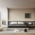 Modern Bedroom Interior With Bed Pillows Beige Chair Potted Plant And Framed