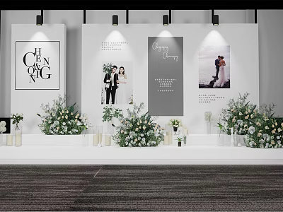 Elegant Wedding Stage Decor With Floral Arrangements And Photo Posters 3d model