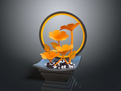 Furniture Decorative Piece Featuring Circular Frame Orange Flowers Black White Pebbles On Layered Base 3d model