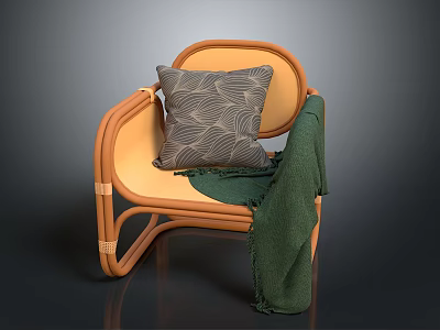 Modern Light Brown Rattan Leisure Chair with Gray Wavy Pattern Cushion and Green Blanket 3d model