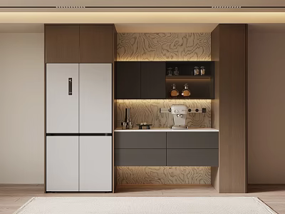 Modern Kitchen Interior Design With Wine Cabinet Dark Cabinets Marble Patterned Wall And Lighting Strip 3d model