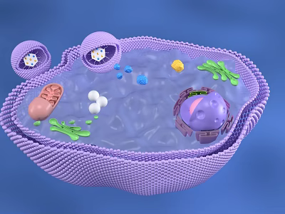 3D Cell Structure Model With Organelles Mitochondria And Ribosomes In Purple Membrane 3d model