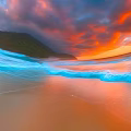 Stunning Sunset Beach Scene With Orange Purple Clouds Blue Waves And Green Hills