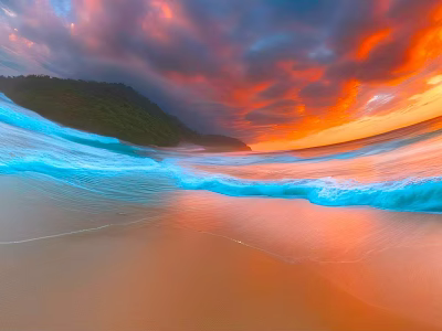 Stunning Sunset Beach Scene With Orange Purple Clouds Blue Waves And Green Hills 3d model