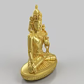 Golden Buddha Sculpture Carving In Sitting Posture With Intricate Headdress Holding Lotus And Carved Base