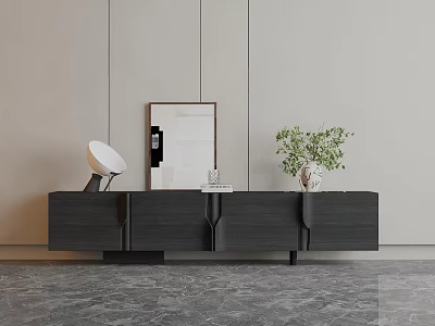 Modern Minimalist TV Stand Design With Wall Mirror Potted Plant And Table Lamp 3d model