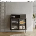 Modern Sideboard With Glass Doors Storing Dinnerware Glasses Near Gray Wall Grid Pattern And Plant