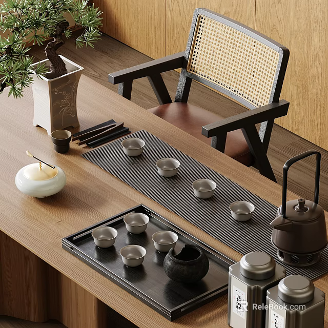 Traditional Chinese Tea Set with Teapot Small Cups and Wooden Tray on Table 3d model 
