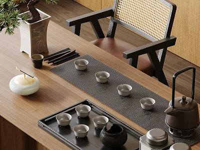 Traditional Chinese Tea Set with Teapot Small Cups and Wooden Tray on Table 3d model