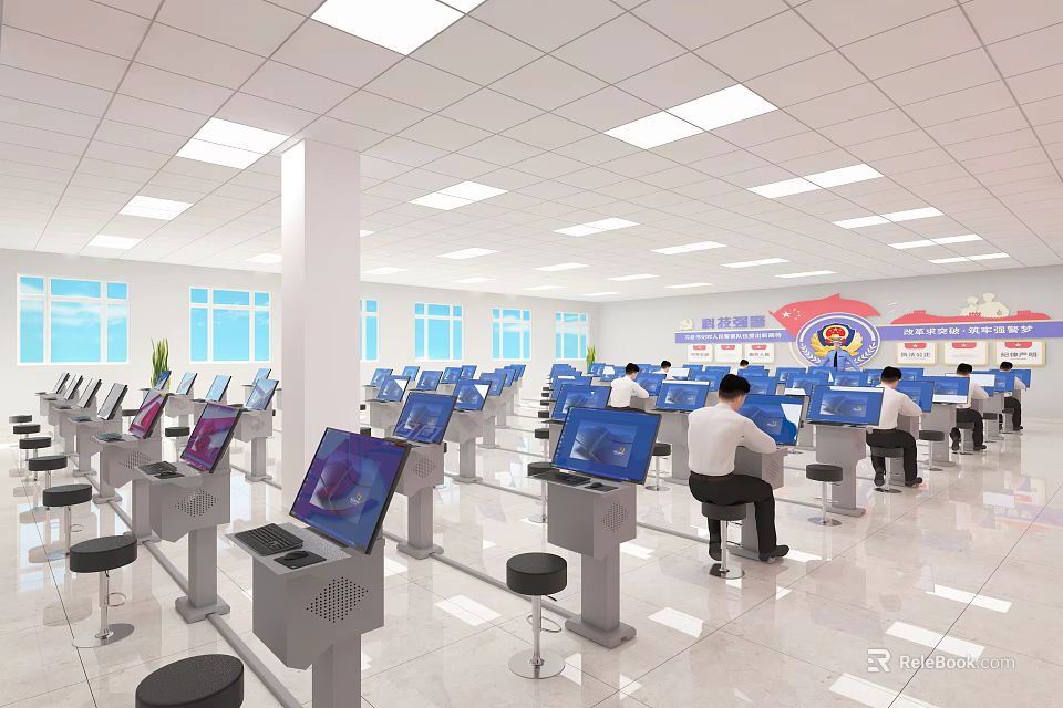Modern School Computer Classroom Featuring Students Using Computers Bright Desks And Windows 3d model