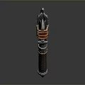 Futuristic Mechanical Weapon Spear With Red Silver Accents Gear Components And Textured Handle