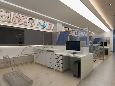 Modern Dental Clinic Interior With Dental Chair Computer Display Cabinets And Wall 3d model