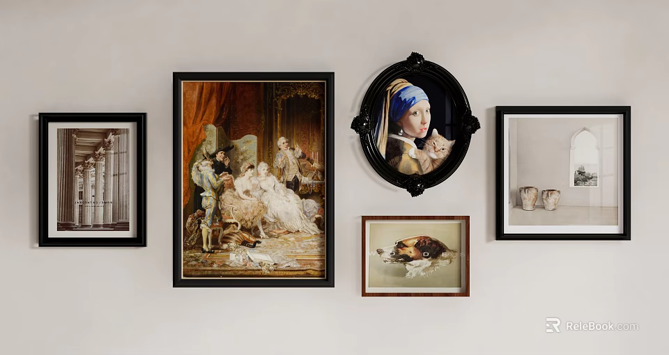 Vintage Wall Decor Featuring Framed Artworks And Round Decorative Mirror 3d model 