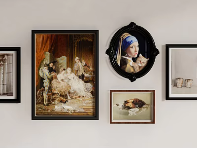 Vintage Wall Decor Featuring Framed Artworks And Round Decorative Mirror 3d model