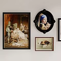 Vintage Wall Decor Featuring Framed Artworks And Round Decorative Mirror