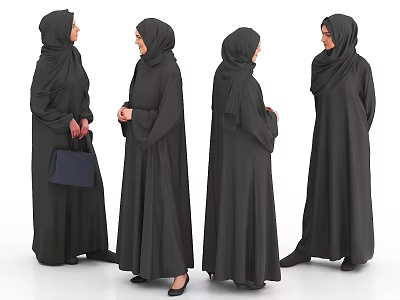 Woman in Black Abaya Shown from Different Angles with Blue Handbag and Black Shoes 3d model