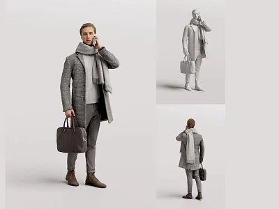 Man in Gray Coat and Scarf Holding Briefcase Multiple Angles View 3d model