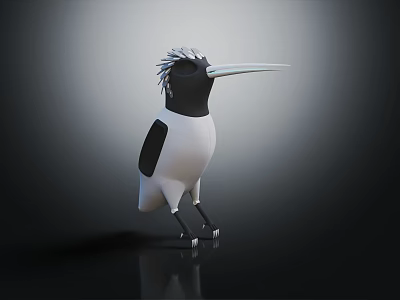 Stylized Black and White Feathered Bird with Crested Head Long Beak Standing on Dark Surface 3d model