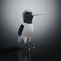 Stylized Black and White Feathered Bird with Crested Head Long Beak Standing on Dark Surface