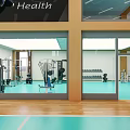 Spacious Fitness Gym With Barbells Dumbbells Weight Rack Windows And Green Floor