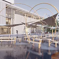 Modern Golden Arched Pergola With White Canopy Over Pool Reflections And Building