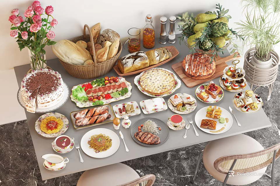 Assorted Delicious Foods Display With Bread Cake Salad Pizza Grilled Meat Desserts And Fresh Flowers 3d model 