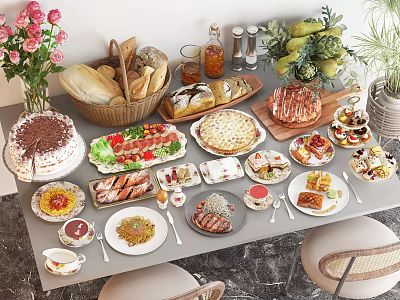 Assorted Delicious Foods Display With Bread Cake Salad Pizza Grilled Meat Desserts And Fresh Flowers 3d model