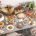 Assorted Delicious Foods Display With Bread Cake Salad Pizza Grilled Meat Desserts And Fresh Flowers